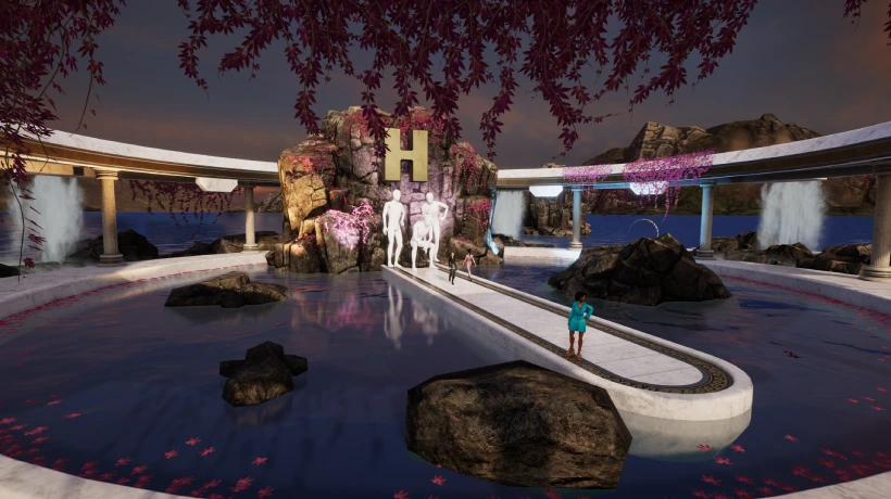 Virtual walkway in the water with three avatars parading