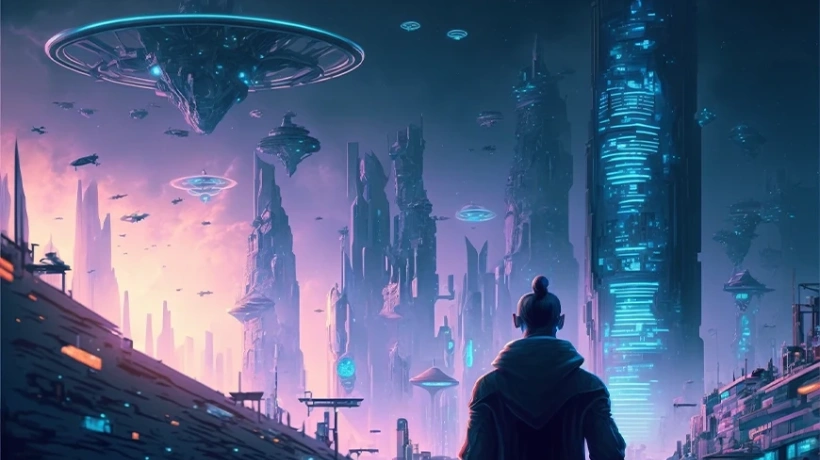 Avatar shoulders looking at the skyline of a futuristic world