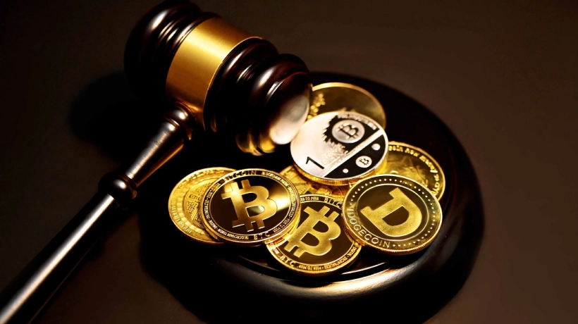 Judge’s gavel on a cryptocurrency plate